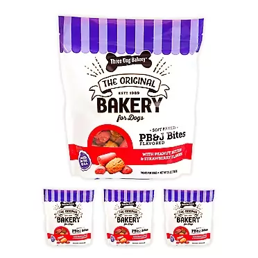 Three Dog Bakery Soft Baked PB&J Bites, Peanut Butter & Strawberry Flavor, Premium Treats for Dogs Peanut Butter and Strawberry 24 Ounce (Pack of 4)