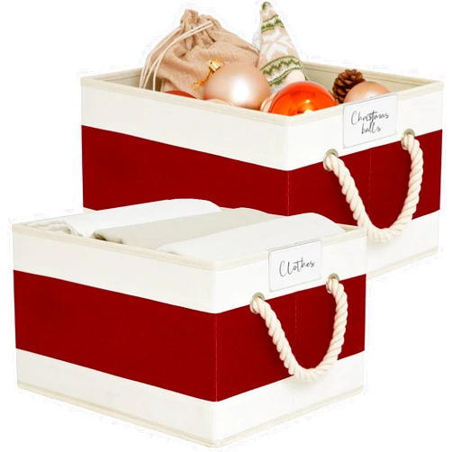 LoforHoney Home Fabric Storage Bins for Chiristmas, Foldable Storage Baskets for Organizing, Closet Organizer Bins with Cotton Rope Handles, Canvas Storage Bins for Clothes, Large, Beige & Red, 2-Pack