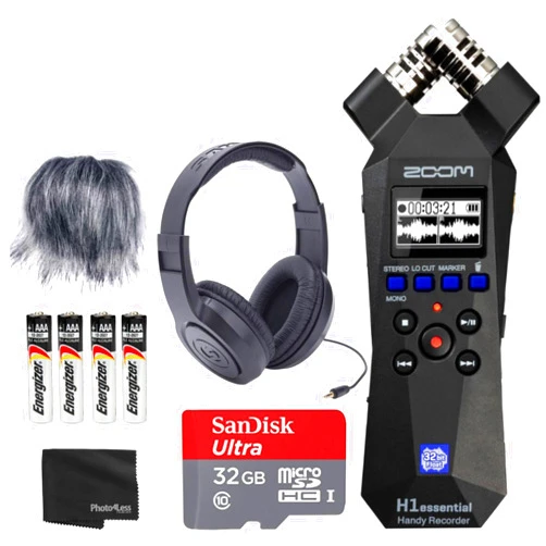 Zoom H1essential Handy Recorder Bundle with Over-Ear Stereo Headphones, 32GB microSDHC Card, Furry Microphone Windscreen, 4 AAA Batteries and Accessories