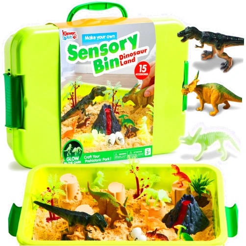 Klever Kits Dinosaurs Sensory Bin Toys for Toddlers with Glow in The Dark Dinosaurs, Sandbox with Lid Sand, Preschool Learning Activities Gifts for Boys Girls Age 3+