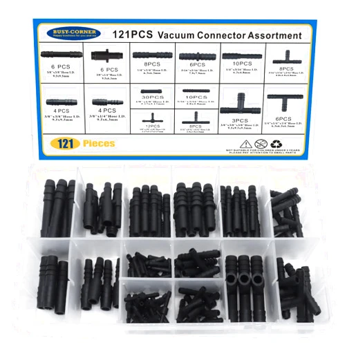 BUSY-CORNER 121 PCS 14 Sizes Vacuum Connector Assortment Automotive Vacuum Tubing Connector Vacuum Tee Connector Assortment Kit Nylon