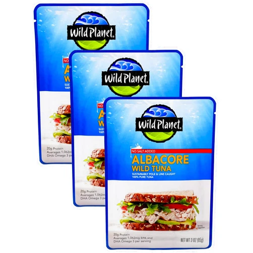 Wild Planet Wild Albacore Tuna, No Salt Added, Sustainably Wild-Caught, Kosher, Gluten Free, Keto and Paleo, 3rd Party Mercury Tested, 3 Ounce Pouch (Pack of 3)