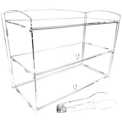 PRIKETY Countertop Bakery and Pastry Display Case with Serving Tong, 2-Tier Clear Acrylic Display Box for Donuts, Bread, Cupcakes, Fruit - Perfect for Home Party, Snack Bars, Cafes, Bakeries, 19''x9''x13''