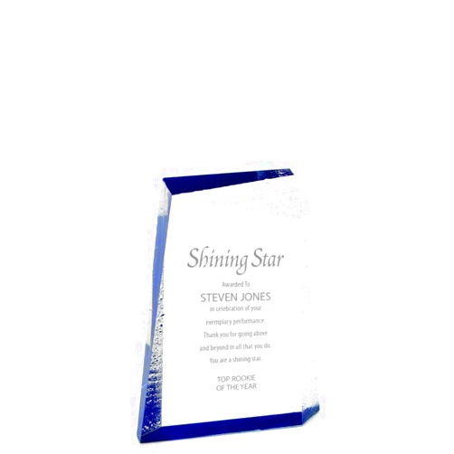 Baudville Engraved Trophy - Blue and Water Droplet Design - Small Acrylic Glacier Trophy - Quick - Personalized Engraving Up to Three Lines and Pre-Written Verse Selection