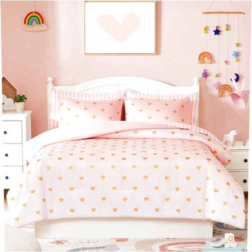 Wink Deer Queen Comforter Set with Sheets for Girls-7 Pieces Queen Bedding Sets with Pink Comforter, Sheets, Pillowcases & Shams for Kids (Pink Gold Heart, 90