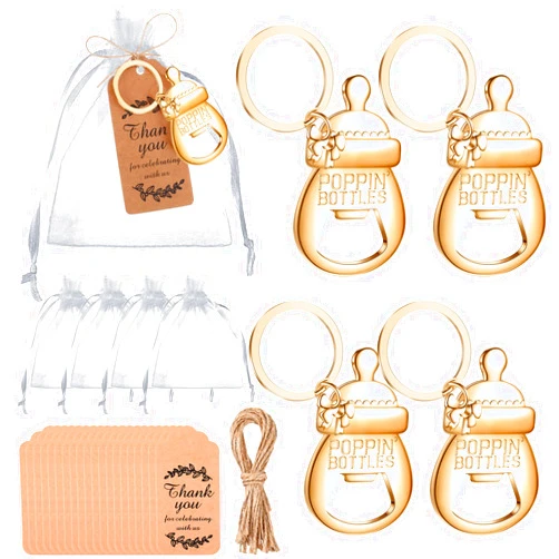 CHENGU Popping Bottle Openers Baby Shower Return Favors for Guests Bottle Opener Decorations and Souvenirs with Organza Bags Thank You Tags for Theme Party Favors (Key Chain Style,73 Pieces)