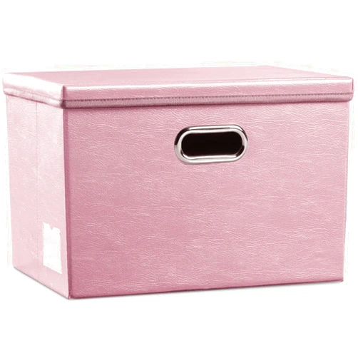 PRANDOM Large Collapsible Storage Box with Lid [1-Pack] Leather Fabric Foldable Storage Bin Organizer Container Basket Cube with Cover for Home Bedroom Closet Office Nursery Pink (17.7x11.8x11.8)