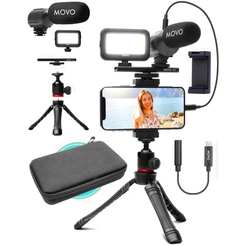 Movo iVlogger- iPhone Android USB Type-C Compatible Vlogging Kit Phone Video Kit Accessories: Phone Tripod, Phone Mount, LED Light and Cellphone Shotgun Microphone for YouTube, Vlog