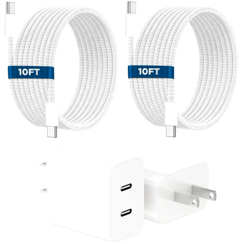 DelTucci iPhone 16 15 Charger, 2Pack PD Dual USB C Charger Block Fast Charging Wall Charger Plug with 10FT Long USB C to C Charger Cord Woven Cable for Apple iPhone 16/16 Plus/16 Pro/16 ProMax/15/15ProMax/iPad