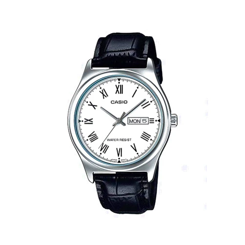 Casio MTP-V006L-7B Men's Leather Band White Roman Dial Day Date 3-Hand Analog Watch