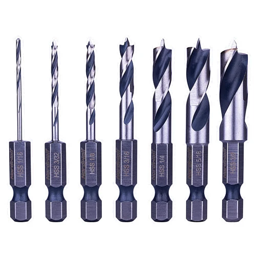 NordWolf 7-Piece HSS Brad Point Stubby Wood Drill Bit Set with 1/4