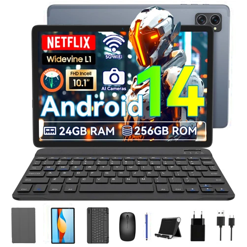BESTTAB 2025 Android 14 Tablet 10 inch Octa-Core Tablets with 24GB RAM+256GB ROM(Expand to 2TB), 1920x1200 IPS FHD Screen, Google-Gemini AI, Widevine L1, 2 in 1 Tablet with Keyboard Mouse Stylus Gray