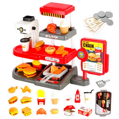 ACROFEK 71pcs Pretend Play Fast Food Toys - Cash Registerfor Kids,Perfect Mini Toy Food Set for Kids Kitchen,Play Food for Kids Ages 3 4 5 6 7 8 Boys and Girls (Red)