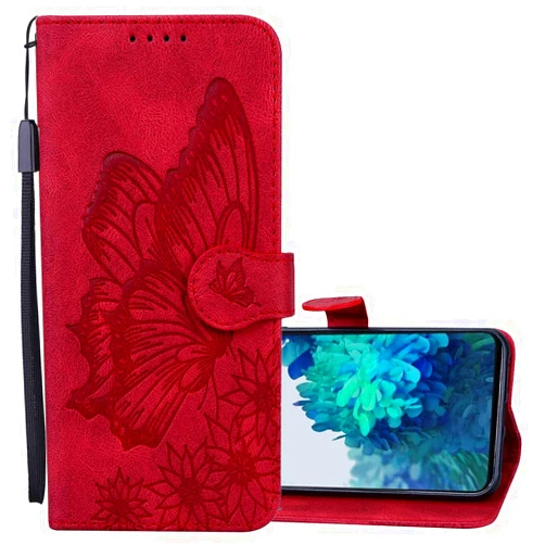 QIVSTAR Case for Samsung Galaxy A52 5G, Vintage Design Embossed Butterfly Leather Wallet PU Leather Book Style Shackproof Case Cover for Samsung Galaxy A52 5G Red CY3