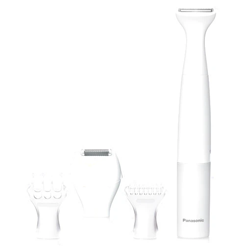 Panasonic Bikini Trimmer and Shaver for Women with 4 Attachments for Fast Easy Gentle Grooming in Intimate Areas, Use Wet/Dry, Electric Razor, Battery-Operated – ES-WV62-H (White/Silver)