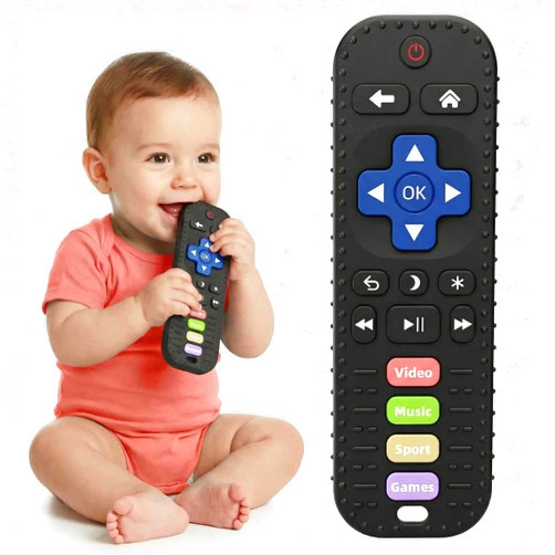 Meartchy Baby Teething Toys, Remote Control Sensory Teether, Silicone Chew Toy for Teething Relief, BPA-Free Baby Remote Gift for Infants 3-6, 6-12 Months (Black)
