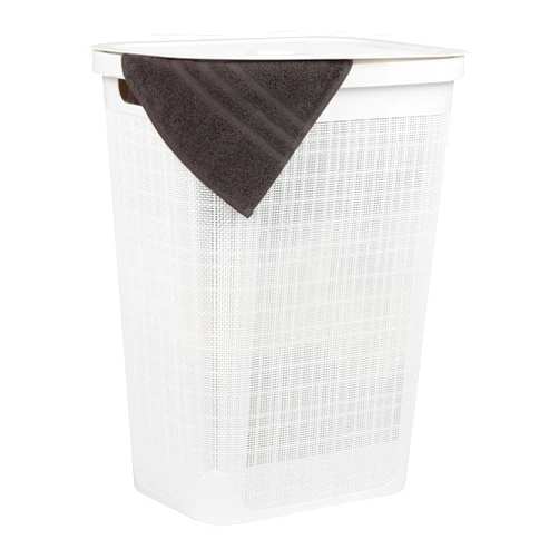 Mind Reader 60L Slim Laundry Hamper, Clothes Basket, Lid, Linen Design, Plastic, 18.25”L x 14.25”W x 23.5”H, White