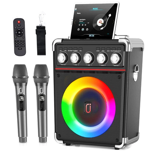 HWWR Karaoke Machine with 2 Microphones: HWWR Portable Karaoke Machine for Adults Kids, Bluetooth Karaoke Speaker with Bass/Treble Adjustment, PA System with Remote Control/LED Lights, Support REC/USB/AUX