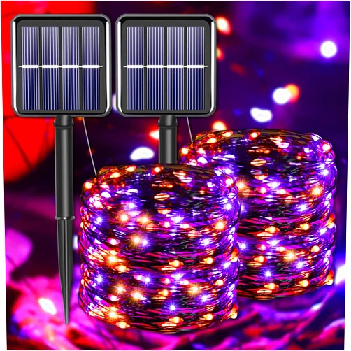 YAOZHOU Halloween Decorations Outdoor Lights, Solar String Lights Purple Orange IP67 Waterproof 2 Pack Total 200 LED 66FT 8 Modes Fairy Lights, Outside Fall Decor for Tree, Garden, Patio, Fence, Lawn