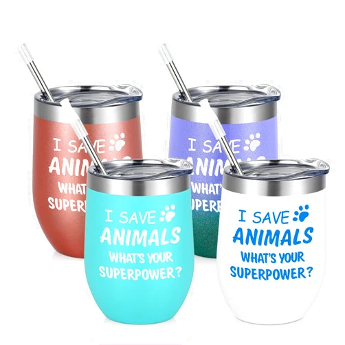 Qtencas I Save Animals, Whats Your Superpower- Stainless Steel 4 Pack Wine Tumbler with Lid, Birthday Christmas Ideas for Veterinarian Veterinary Technician, Doctor Assistant Graduation(12Oz, Multi-color)