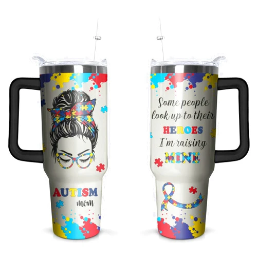 BOOWEATS 40 OZ Autism Mom Cup with Handle and Straw Lid Leak Proof, Stainless Steel Autism Mom Tumbler Gifts Mothers Day, Insulated Autisms Mother Mug Keeps Drinks Hot Cold Ice, Birthday Gift for Women
