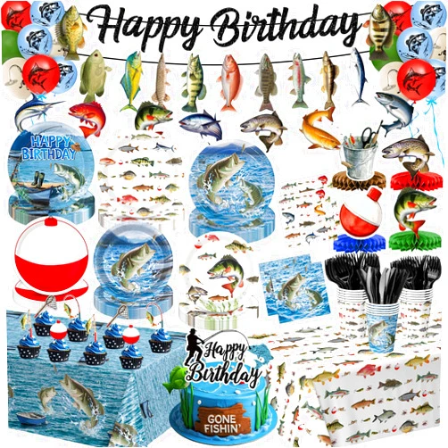 QIYANPAX Fishing Birthday Party Decorations - Plates, Napkins, Cups, Cutlery, Honeycomb Centerpieces, Banner, Hanging Swirls, Tablecloths, Toppers, Balloons for Ofishally One Birthday Decorations, Serves 24