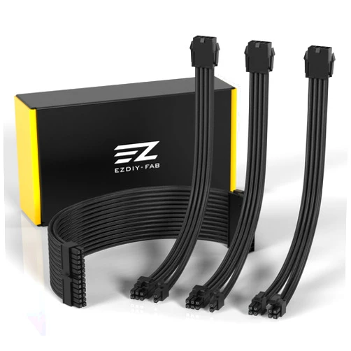 EZDIY-FAB PSU Cable Extension Sleeved Custom Mod GPU PC Power Supply Soft Nylon Braided with Comb Kit 24PIN/8PIN to 6+2Pin/ 8PIN to 4+4PIN-30CM 300MM - Black
