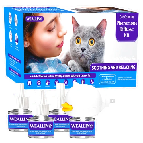 WEALLIN Cat Pheromones Calming Diffuser - Cat Calming Diffuser Kit Relieve Anxiety & Stress - 5-in-1 Cat Pheromone Diffuser Kit with 1 Diffuser + 4 Refill 48ml Vial-120 Days of Comfort and Relaxation