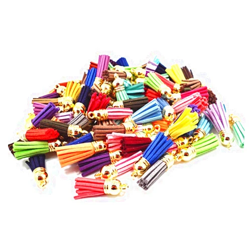 Exceart 50 Pcs Mini Tassel Charms Suede Leather Tassel Crafts with Golden Cap for Keychain Jewelry Making Length 38MM (Random Colors)