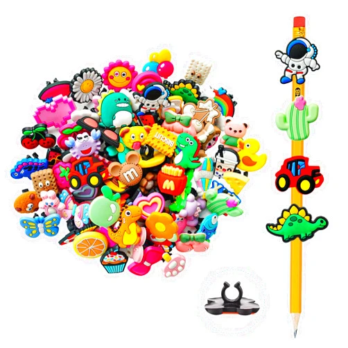 Juszok Pencil Toppers Decoations for Kids,70Pcs Different Pencil Charms Bulk Cute Pen Pencil Clips Prizes for Students Rewards Gifts Pattern Random