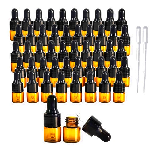 PYAWI 50Pcs Amber Glass Mini Dropper Bottle 1ml Amber Essential Oil Bottles Vials Travel Cosmetic Sample Container Liquid Perfume Eye Droppers Bottle (1ml)