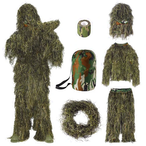 Seeutek 6 in 1 Ghillie Suit, 3D Camouflage Hunting Apparel Including Jacket, Pants, Hood, Carry Bag and Camo Tapes