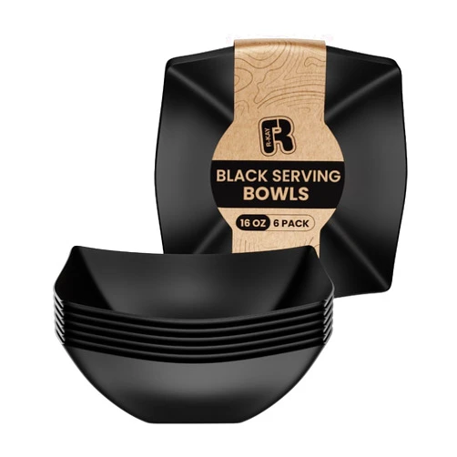R-kay 6 Pack Black Square Plastic Serving Bowls - Black Plastic bowls 16 Oz - Disposable Serving Bowls - Premium Black Bowls Disposable Heavy Duty For Weddings Catering And Birthday parties
