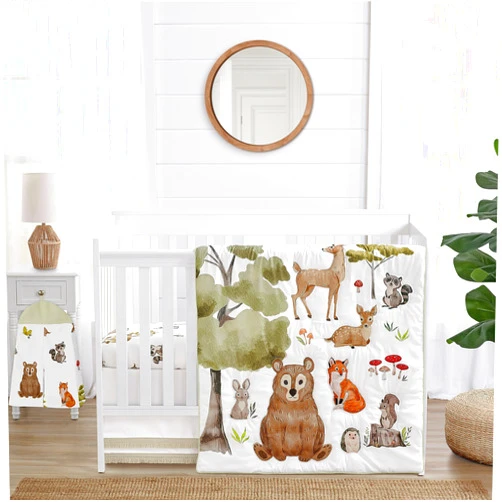 Sweet Jojo Designs 4-Piece Baby Crib Bedding Set (Woodland Animals) for Boys or Girls, Infants/Nursery incl. Blanket, Fitted Sheet, Skirt, Diaper Stacker (Neutral Theme, Forest Animal, Bear, Hedgehog)