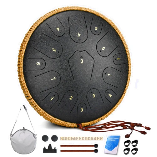 Qingshi Steel Tongue Drum-14 Inch 15 Notes Tongue Drums, Steel Drum Instrument for Adults, Handpan Drums with Music Book, Handpan Drum Mallet, and Carry Bag, C Major (Black)