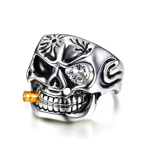 LAIMIUMIU33 Bullet in Grillz Vampire Skull Ring for men Pirate Single Eye Ring Bullet in Grillz Biker 316 Stainless Steel Rings Iced Out Jewelry Heavy Metal Punk Ring Devil Demon Gothic Style mens fashion rings