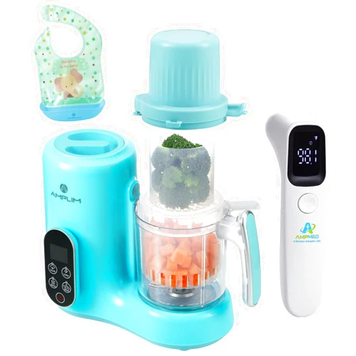 Amplim Deluxe Baby Food Maker and No Touch Forehead Thermometer for Babies and Adults | Bundle Pack