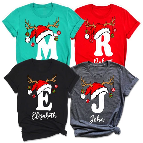 Lantliv Personalized Christmas Initial T-Shirt, Custom Name Holiday Design with Reindeer Antlers, Multiple Colors Available, Family Matching Shirts