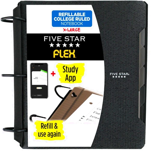 Five Star Flex Refillable Notebook + Study App, College Ruled Paper, 1-1/2 Inch TechLock Rings, Pockets, Tabs and Dividers, 300 Sheet Capacity, Black (29324AA2)