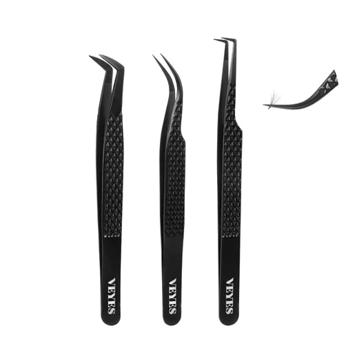 VEYES INC Lash Tweezers for Eyelash Extensions,Fiber Tip Tweezers Kit for Individual Classic and Volume Lash,3PCS Stainless Steel Lash Tweezers-Black