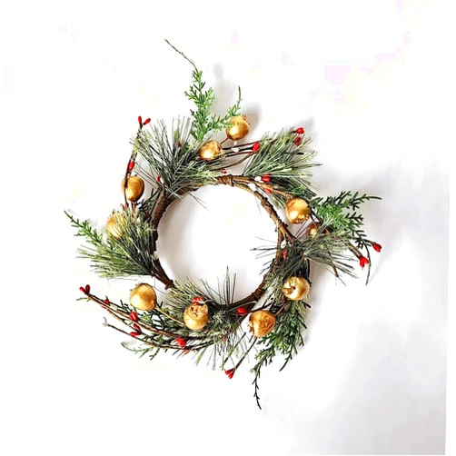 Joyavo Set of 4 Gold Berries Pine Branch Christmas Candle Rings Wreaths 4 Inch Center, Small Candle Garland Rings Candle Holder Wreaths for Xmas Winter Wedding Home Decor