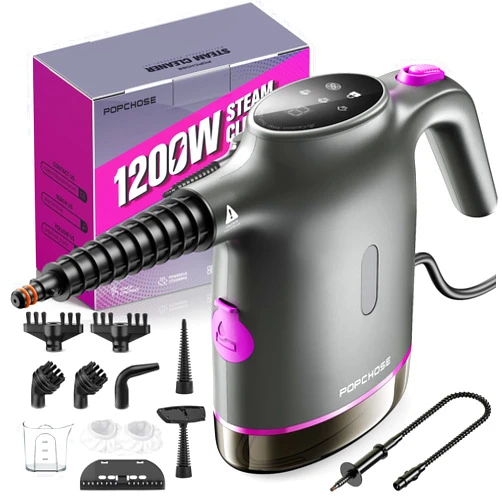 POPCHOSE Handheld Steam Cleaner for Home, Portable Pressurized Steamer for Cleaning Tile, Grout, Surfaces, Windows, Car, 20S Fast Heat Up, 12 Accessories, Steam Adjustable, Safety Lock, Graypurple