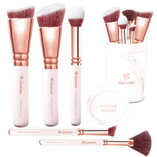 Lamora Pro Face Contour Brush Set - Synthetic Contouring Sculpting and Highlighting Kit - Cream Blush Powder Flat Nose Cheek Round Small Angled Fan Tapered Precision Kabuki Foundation Makeup Brushes