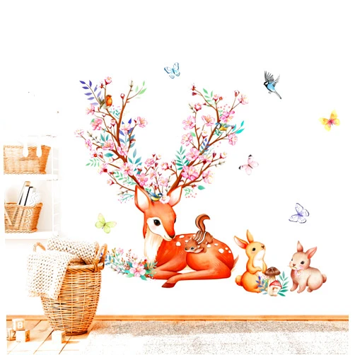 Supzone Creative Deer With Flower Branch Antler Wall Decals for Girl's Room, Woodland Animals Rabbit Squirrel Butterfly Wall Stickers Peel and Stick Wall Art Decor for Kids Nursery Living Room Bedroom
