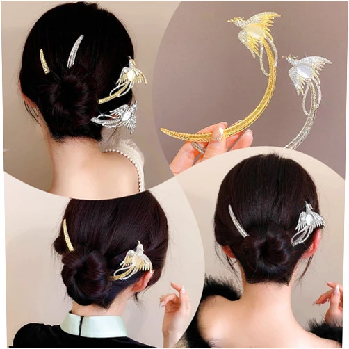 Kriccio Hairpin Hair Stick, Gold & Silver, 2pcs, for Women Girls, Hair Securing, Hairdressing, Crescent Moon Design, Rhinestone Embellishment, Vintage, Cultural Heritage