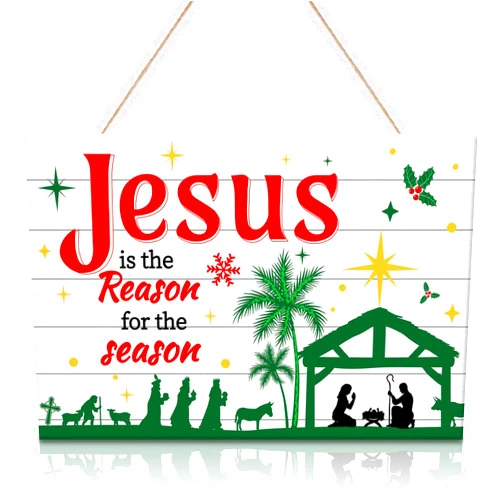 Whaline Christmas Wooden Hanging Sign Jesus Is the Reason for the Season Wall Sign JOY Shaped Wood Hanging Sign for Xmas Winter Indoor Outdoor Farmhouse Home Party Decor