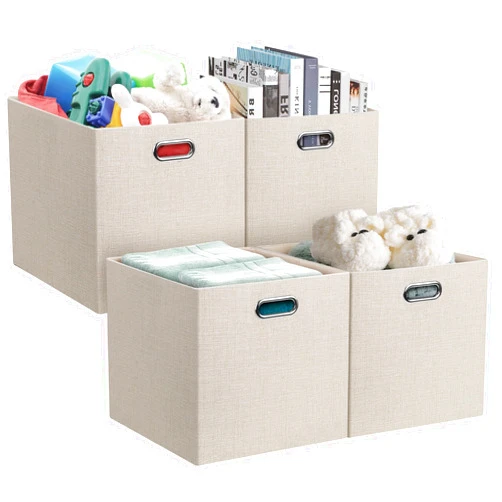 Posprica 13x15x13in Collapsible Storage Bins, Fabric Foldable Cube Storage Boxes, Decorative Storage Baskets Organizer for IKEA Kallax, Shelves, Closet, Clothes, Toy, Set of 4-Beige