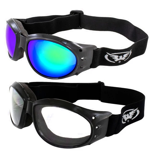 Global Vision Eliminator Padded Motorcycle Riding Goggles 2 Pair Black w/Clear & Green Mirror Lenses