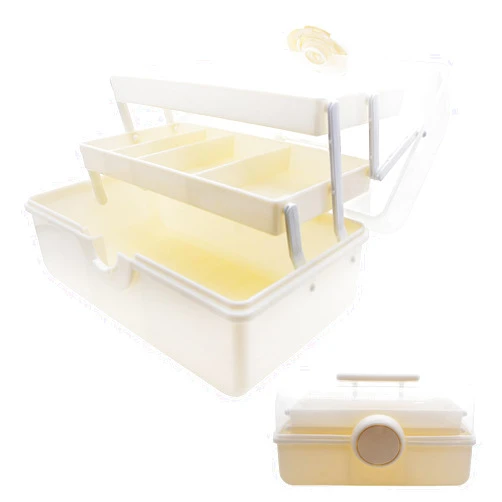 Qiveno Craft Organizers and Storage,Plastic Box with 3-Tier Fold Tray and Handle,Portable Lockable Container for Arts, Crafts,Cosmetic, Sewing, Toy, Washi Tape(Cream Color)