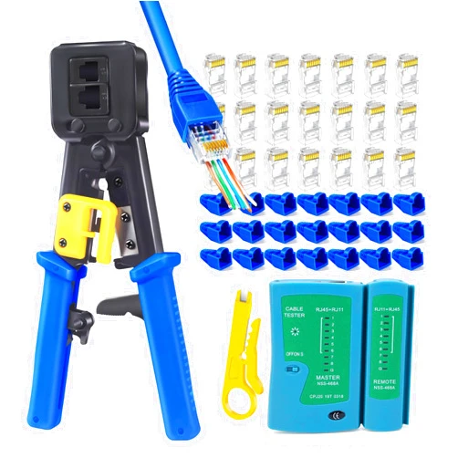 PETECHTOOL RJ45 Crimp Tool Cat6 Cat5e Cat5 Ethernet Crimper Kit for RJ45 RJ12/11 Pass Through Connectors with 50pcs rj45 Cat6 Pass Through Connectors, 50pcs Covers, Wire Stripper; Network Cable Tester